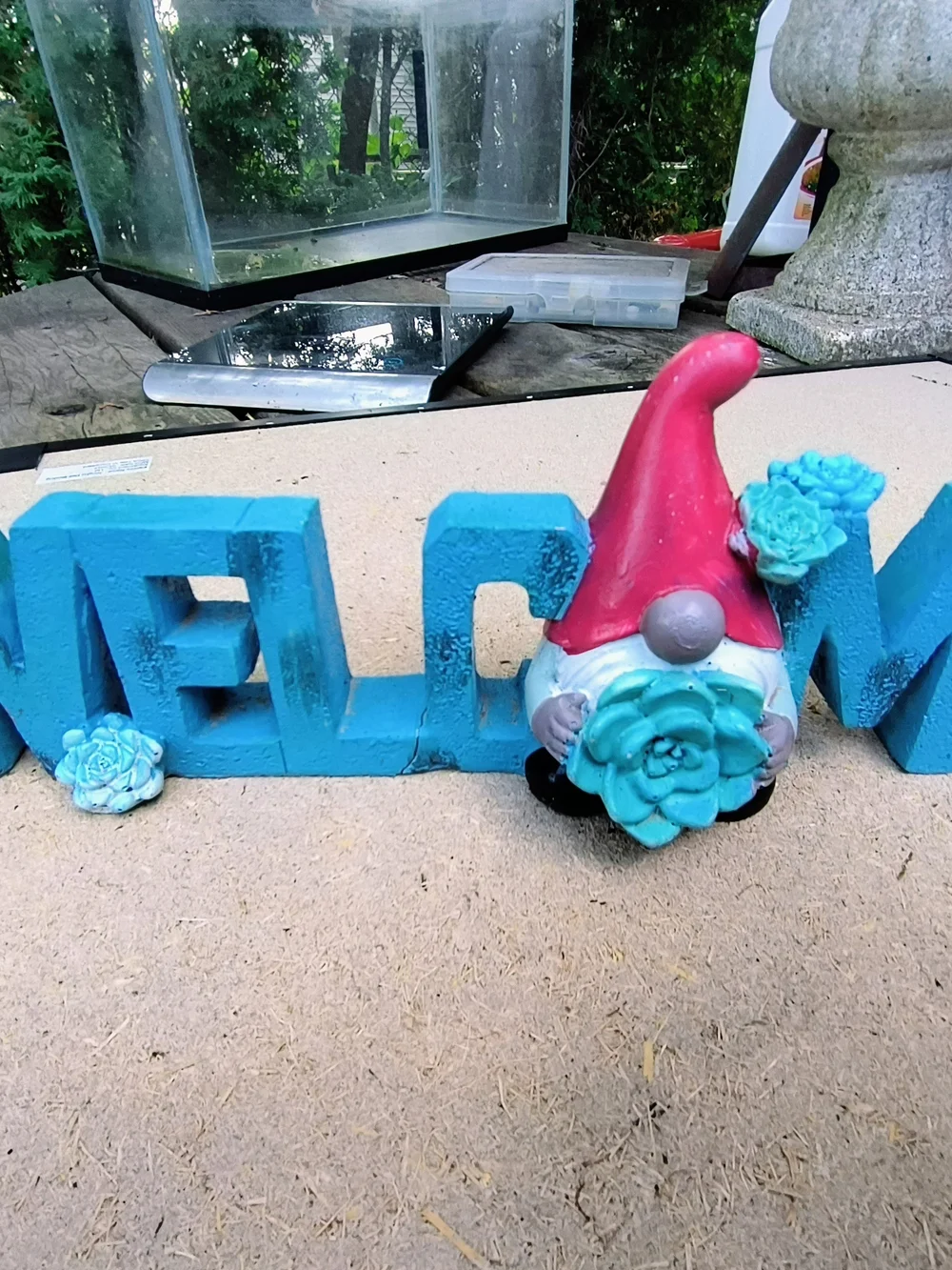Welcome Gnome Home Accent in Blue and Red 11 Long X 4 1/2 X 1